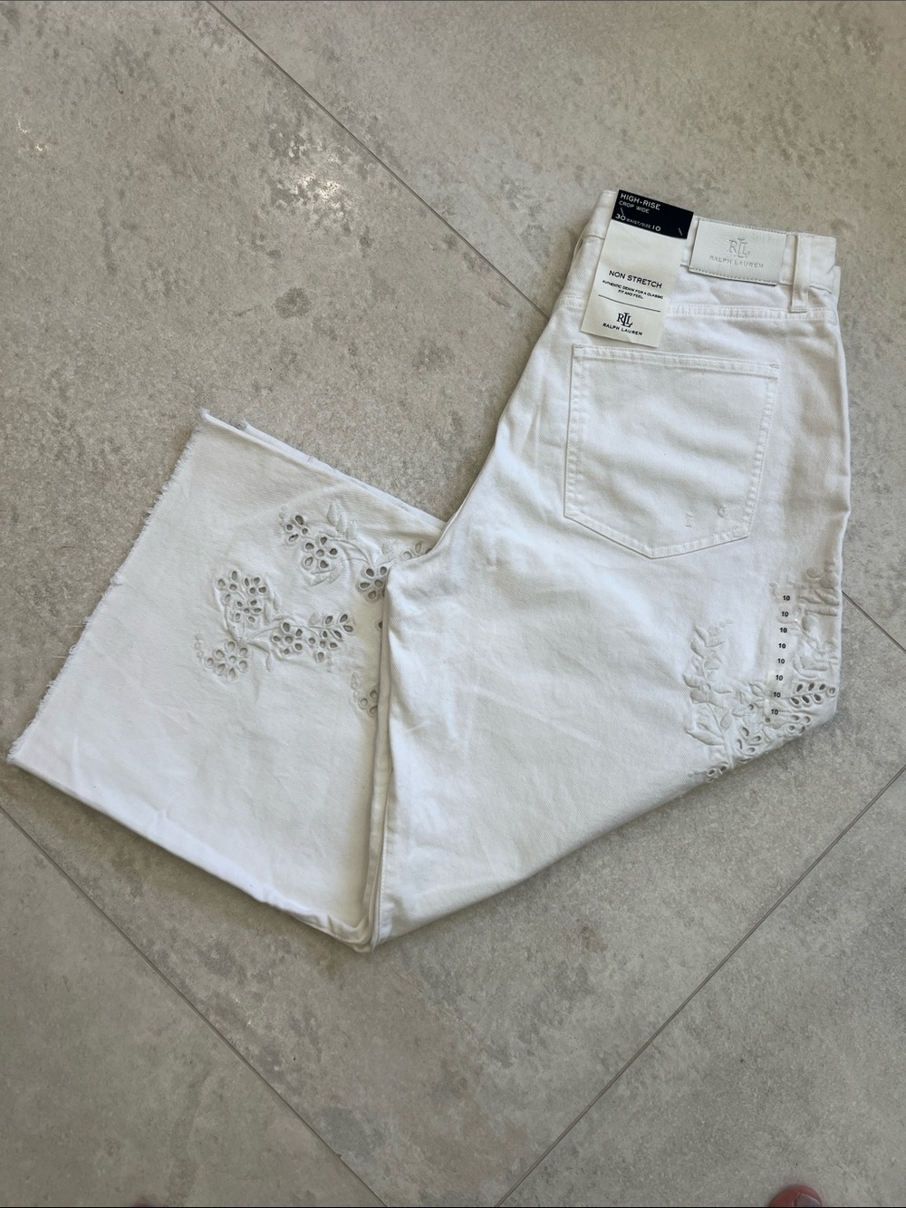 Ralph Lauren Eyelet High-Rise Wide-Leg Cropped White Denim Jean